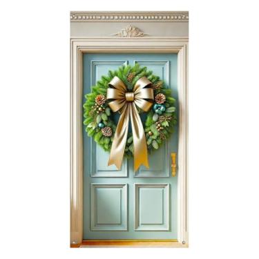Imagem de BlissYard Capa de porta de guirlanda de Natal de pinha dourada 89 x 189 cm, faixa decorativa de porta com laço dourado, pinhas e ornamentos dourados para decoração de inverno de luxo