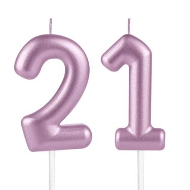 Imagem de Velas de aniversário rosa metálico 21, velas de aniversário rosa metálico, número 21, para decoração de topo de bolo, mulheres, homens, casamentos, comemorações, artigos de festa feliz