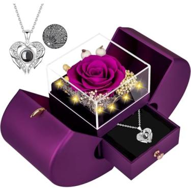 Imagem de moshen Caixa de presente rosa preservada com luzes LED, arranjo floral vermelho, estojo de exibição de joias românticas para o dia dos namorados, aniversário, aniversário (roxo)