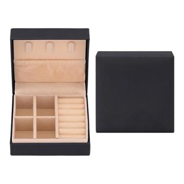 Imagem de Caixa de joias de viagem para mulheres, presente de aniversário, pequena bolsa organizadora de joias de couro PU, suporte para exibição de armazenamento, 8,9 x 9 x 3,8 cm, preto