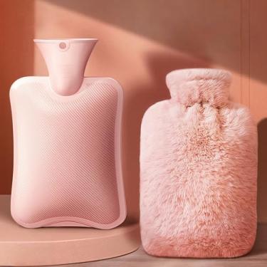 Imagem de 1 garrafa de água quente de 500 ml com capa de lã macia - Bolsa de PVC para alívio da dor para cólicas menstruais, calor no pescoço e nos pés, livre de BPA e à prova de vazamento, rosa