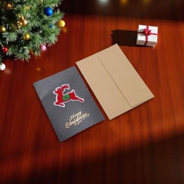 Imagem de 1 conjunto de cartão de felicitações de Natal animal de Natal com papel envelope cinza escuro vermelho 15 x 10 cm