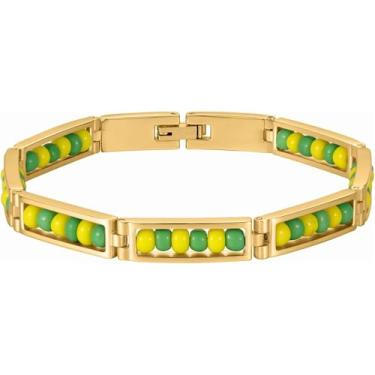 Imagem de Pulseira de elos de aço inoxidável dourados, contas verdes e amarelas, unissex, 20 cm