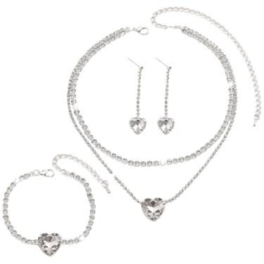 Imagem de Conjunto de joias de prata com pingente de coração, colar, brincos e pulseira cravejados de strass, comprimento ajustável para casamentos e festas