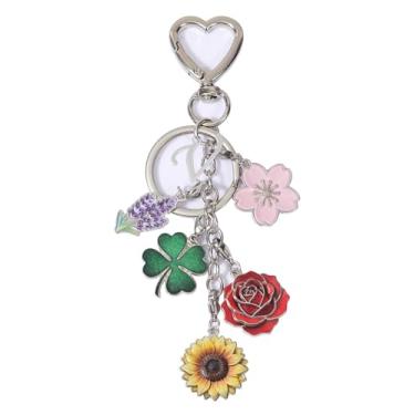 Imagem de SENFAI Chaveiro de flor com anel de coração, chaveiro com pingente de flor, porta-chaves fofos, chaveiro com letra inicial para bolsa, mochila (V)