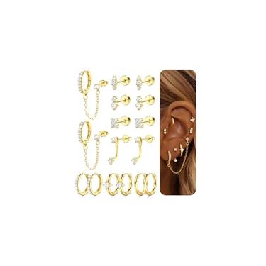 Imagem de Dochais Argola hipoalergênica plana banhada a ouro 14K - Conjunto de brincos de aço inoxidável cirúrgico com corrente de cartilagem - Brincos pequenos de orelha para mulheres na moda, Latão + haste de