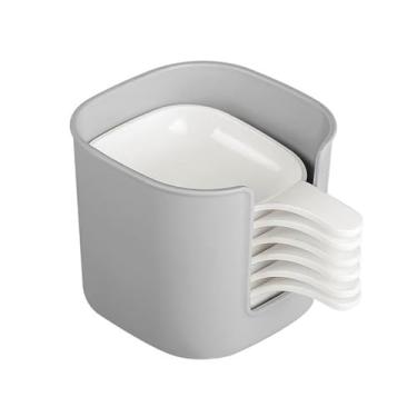 Imagem de Conjunto moderno de suporte de prato de cozinha com 6 pratos de plástico branco, suporte de armazenamento cinza, organizador de exibição de condimentos e lanches