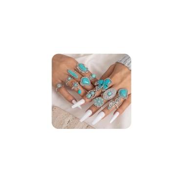 Imagem de Conjunto de anéis volumosos boêmios empilháveis vintage turquesa anéis de dedo cacto flor declaração midi anel western country joias presentes, Large, Liga de aço, Sem pedra preciosa