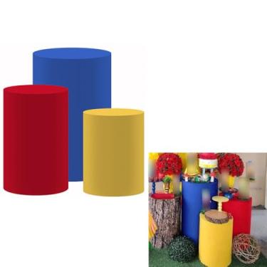 Imagem de NIVIUS PHOTO Conjunto de 3 capas de pedestal de exibição cilíndrica azul, vermelho, amarelo, toalha de mesa de elastano para festa de chá de bebê, elástica e lavável (NO-255-ABC, grande conjunto com 3