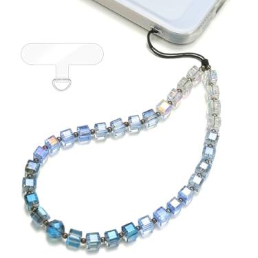 Imagem de TRBR Pulseira para celular com pingente de cristal em cubo gradiente azul, cordão de contas de vidro, pulseira antifurto e mãos livres para iPhone e mais capas de celular