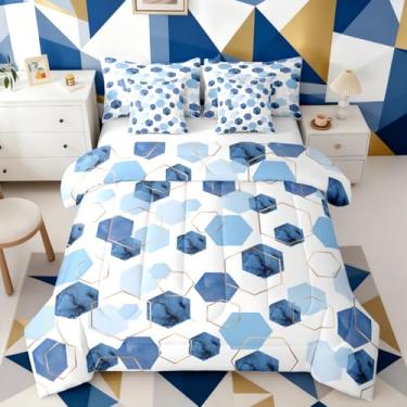 Imagem de Erosebridal Jogo de cama casal de 7 peças azul, arte geométrica abstrata, edredom com lençol para meninos, adultos, meninas, moderno, minimalista, em uma bolsa, azul e branco