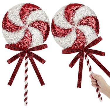 Imagem de 2 peças decorações de Natal jumbo de lantejoulas doces e hortelã-pimenta, enfeites de pirulito, enfeites de pirulito, arcos amarrados, sprays de Natal, doces, artesanato, decoração de casa, 28 x 68 cm