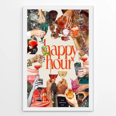 Imagem de Arte de parede de coquetel Happy Hour Retro Martini pôster arte bar arte impressão em tela decoração de cozinha vintage bola de discoteca pôster divertido decoração de festa placas imagens para bar