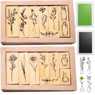 Imagem de 18 carimbos para artesanato, 2 estilos de carimbos de borracha de plantas para artesanato, carimbos de tinta verde e preta, flor de madeira