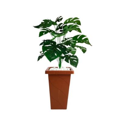 Imagem de Planta Artificial Costela de Adão com Vaso Decorativo Grande em Rattan – Decoração Elegante para Sala ou Casa(Coluna Telha)
