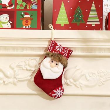 Imagem de Bolsa de presente de meia de Natal, enfeite de pendurar com tema de Papai Noel com capacidade espaçosa, tecido de pelúcia para doces e pequena bolsa de armazenamento de presente para decoração de