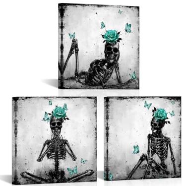 Imagem de Artsbay Arte de parede de esqueleto gótico com rosas e borboletas azul-petróleo, impressão em tela preta e branca 30,5 x 30,5 cm x 3 peças
