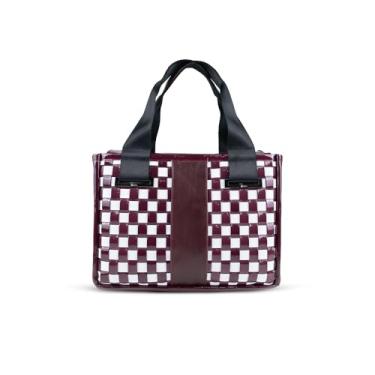 Imagem de Xách Bolsa feminina de tecido brilhante médio com couro verdadeiro, bolsa de ombro de couro para mulheres, com alça de correia,, Bordeaux - Branca