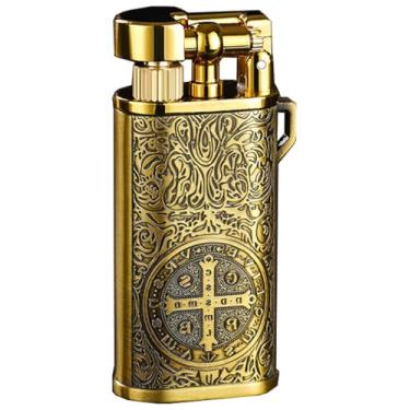 Imagem de Isqueiro St Benedict Constantine com bolso de metal, vintage, reutilizável, clássico, criativo, butano, para presente decorativo de coleção (butano não incluído) (dourado)