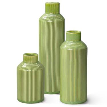 Imagem de Wancetang Conjunto de 3 vasos de flores de cerâmica, vasos modernos verdes, decoração de casa, pequeno vaso texturizado com nervuras, banheiro, sala de estar, lareira, decoração de mesa
