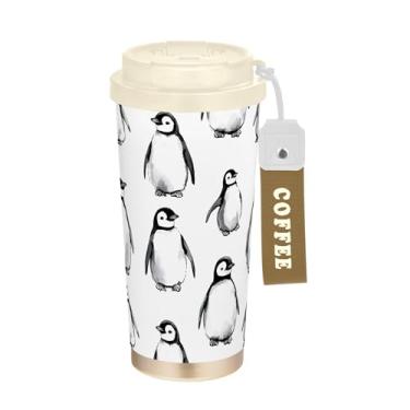 Imagem de SEHANY Caneca de viagem de pinguim fofa de 482 g Copos de café reutilizáveis revestidos de cerâmica com tampa à prova de vazamento, parede dupla, isolamento a vácuo, copo de café de aço inoxidável