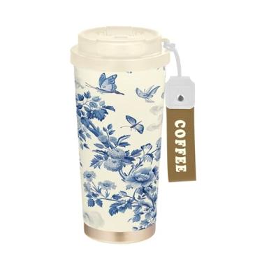 Imagem de SEHANY Caneca de viagem de pássaro de flor branca azul 482 g Copos de café reutilizáveis revestidos de cerâmica com tampa à prova de vazamento, parede dupla, isolamento a vácuo, copo de café de aço