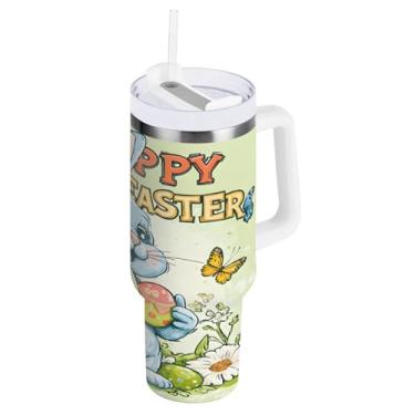 Imagem de ATTX Copo de coelho da Páscoa de 1,134 g com alça, copo de aço inoxidável a vácuo de parede dupla com palha, caneca de café de viagem isolada #275