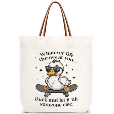 Imagem de ZEDEV Sacola divertida de pato para meninas adolescentes, bolsa de ombro reutilizável para viagens, trabalho, compras, academia, bolsa de aniversário inspiradora, presentes para mulheres, professoras