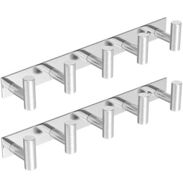Imagem de HUFEEOH Ganchos de parede para casaco, 2 pacotes com 5 ganchos em forma de T, ganchos de parede de aço inoxidável, suporte de toalha prateado para pendurar, porta-chaves resistente, suporte de chapéu,