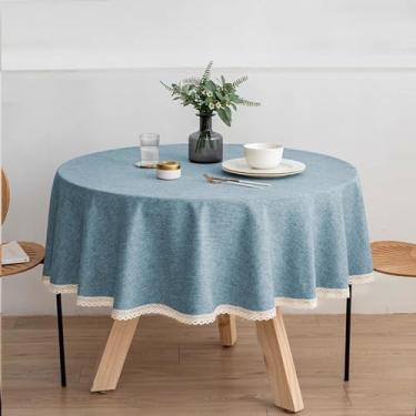 Imagem de Wuluwala Toalha de mesa redonda de tecido de cor sólida de 183 cm, toalha de mesa de linho de algodão com acabamento em renda, resistente a manchas, capa de mesa de jantar à prova d'água para cozinha