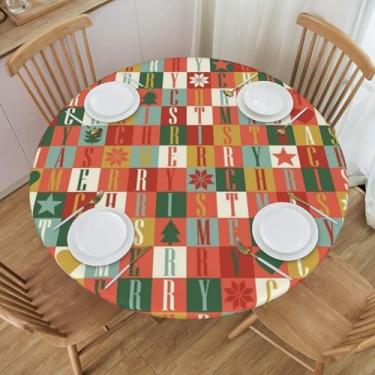 Imagem de BOXIMIAO Toalha de mesa redonda Merry Christmas com borda elástica, impermeável, reutilizável, para festas, pátio, P (101,6 a 111,7 cm)