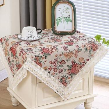 Imagem de Toalha de mesa de cabeceira quadrada pequena vintage floral capa de mesa superior rústica de casa de fazenda com borlas capa de mesa de canto de tecido para quarto, cômoda, festa, decoração de casa