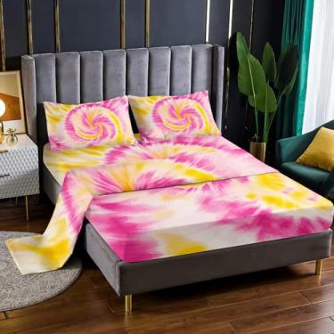 Imagem de Nttopship Jogo de cama queen tie dye rosa, arte abstrata, moderna, 40,6 cm, bolsos profundos, grafite, 4 peças (1 elástico + 1 lençol + 2 fronhas)