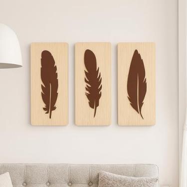 Imagem de Kit 3 Quadros Decorativos em MDF com Penas para Sala Quarto Escritório(Amadeirado Claro)