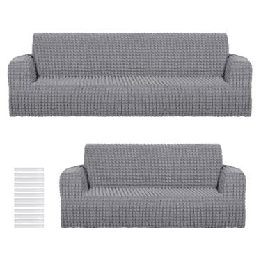 Imagem de Fanfanwin Conjunto de 2 capas de sofá para cadeira, capa de sofá, capa de móveis, poltrona, elástica, lavável, protetor de sofá para sofá para sofá grande, durável, altamente elástico (cinza)