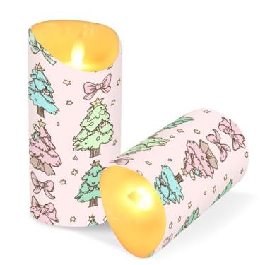 Imagem de Blueangle Pacote com 2 árvores de Natal com laços, velas sem chamas com controle remoto e temporizador, velas LED cintilantes (7,6 cm x 9,9 cm) para decoração de casa, casamento, acampamento (878)