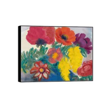 Imagem de Pintura de arte de parede de flores - imagem de decoração vintage - flores coloridas - impressões em tela de moldura preta para sala de estar 50 x 65 cm 20 x 26 pol