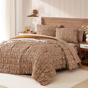 Imagem de BLOOMHAVEN Conjunto de edredom de tamanho casal - 7 peças de cama floral marrom bufante para todas as estações, cama de fazenda chique gasto em uma bolsa completa com edredom floral, lençóis, fronhas