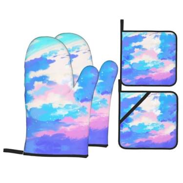 Imagem de Sky - Conjunto de luvas de cozinha estampadas com suportes de tampa, luvas de forno resistentes ao calor para manusear panelas quentes, grelhar, churrascos, kit de 4 peças.