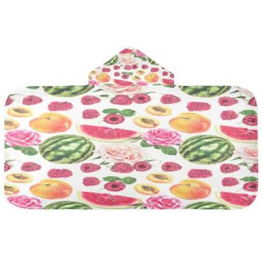 Imagem de Burbuja Fruits Flowers Toalha de banho com capuz para crianças, toalha de praia de pelúcia macia absorvente para chá de meninas e meninos 3-10 anos, 61 x 127 cm