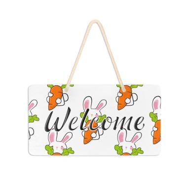 Imagem de Burbuja Placa de boas-vindas de coelhinhos de desenho animado para porta da frente, placa de boas-vindas de PVC para decoração de férias, 15 x 28 cm