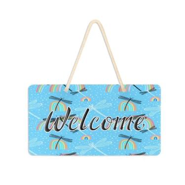 Imagem de Burbuja Placa de boas-vindas com arco-íris de libélulas para porta da frente, placa de boas-vindas de PVC para decoração de férias, 15 x 28 cm