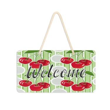 Imagem de Burbuja Placa de boas-vindas Red Cherries para porta da frente, placa de boas-vindas de PVC para decoração de férias, 15 x 28 cm