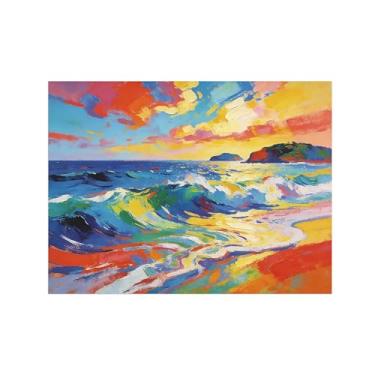 Imagem de BMZFYBS Pôster de arte de parede abstrata - paisagem de praia com ondas do mar - decoração moderna - pintura em tela para sala de estar escritório 30 x 40 cm 12 x 16 pol sem moldura
