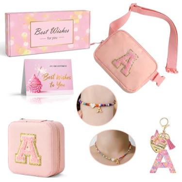 Imagem de Tindisonka Conjunto de pochete rosa para meninas – Bolsa tiracolo 2 em 1 com caixa de joias, colar, pulseira e chaveiro, lindo presente personalizado para idades de 8 a 12 anos