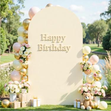 Imagem de gogoparti Capa de fundo de arco bege de 1,8 m – Tecido elástico de elastano com parte superior redonda Chiara para decoração de casamento, festa de aniversário, chá de bebê, cabine fotográfica