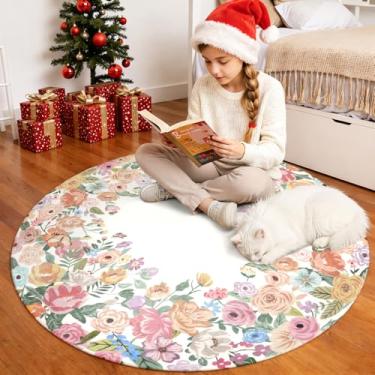 Imagem de Wonnitar Tapete de área redonda lavável de 1,2 m, tapetes florais de camélia para quarto de meninas, tapete de flor macio de pelo baixo para quarto de criança (bege, 1,2 m redondo)