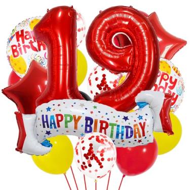 Imagem de Conjunto vermelho de decoração de aniversário de 19 anos, balão de 19 anos de coração, balão colorido de feliz aniversário de 19 anos para meninas, meninos, crianças, adultos, número vermelho, 19