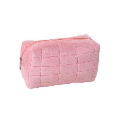 Imagem de Bolsa de armazenamento portátil de pelúcia para mulheres, suporte de pincel de maquiagem leve de grande capacidade, bolsa de presente para viagens ao ar livre, rosa, Bolsa de maquiagem multiuso de