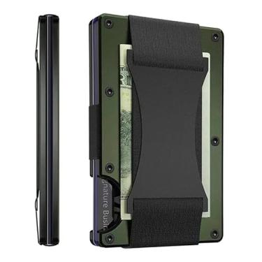 Imagem de Carteira masculina Leatherboss fina de metal com alça para dinheiro, porta-cartões de crédito de alumínio minimalista, Verde militar, Carteira de alumínio
